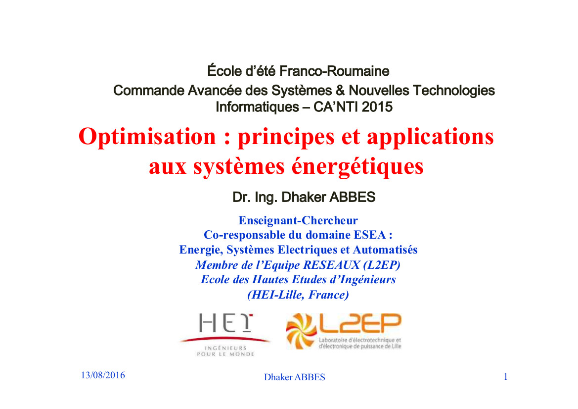 Optimisation : principes et applications aux systèmes énergétiques