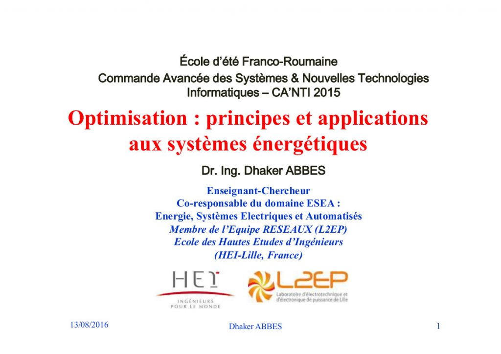 Optimisation : principes et applications aux systèmes énergétiques
